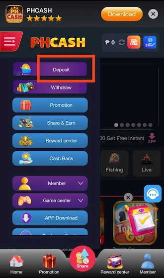 Step 1: Login to your PH CASH account. Then select “Deposit”
