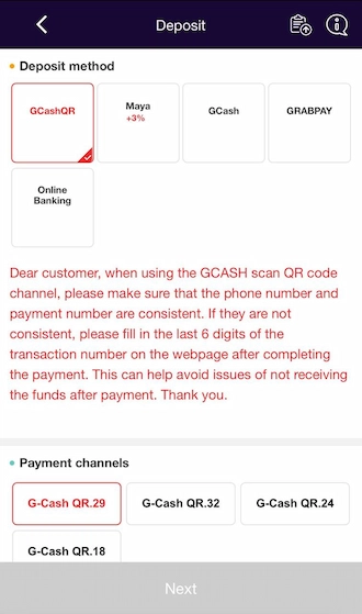 Step 2: Select the GCash deposit method. Then select one of the appropriate GCash payment channels.