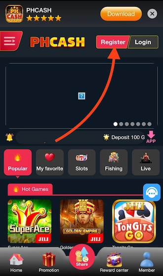 Step 1: PH CASH VIP login register to go to our homepage and click “Register”